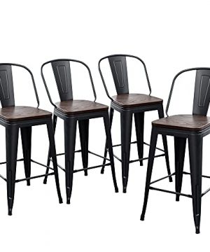 Yongqiang 26 Bar Stools Set Of 4 High Back Metal Counter Height Chairs Barstools With Wooden Seat Industrial Matte Black 0 300x360