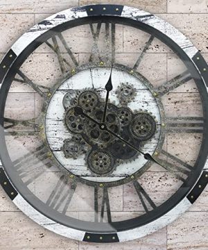 DORBOKER The Original Real Moving Gear Wall Clock Large Industrial Oversized Rustic Farmhouse Vintage White Wood Bronze Metal Combination HD Toughened Glass Cover 27 Inch 68CM 0 300x360