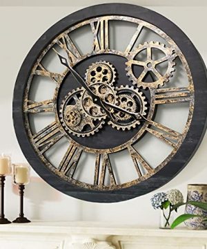 ImprovingLife The Original Real Moving Gear Wall Clock Vintage Industrial Oversized Rustic Farmhouse 24 Inch 60cm Vintage Black Wood And Bronze 0 300x360