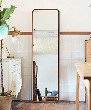 TinyTimes 6318 Wood Framed Full Length Mirror Floor Mirror With Stand Beech Rounded Corner Rustic Mirror Free Standing Or Wall Mounted For Bedroom Living Room Dressing Room Brown 0 300x360