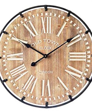 24 Inch Oversized Famhouse Wall Clock Rustic Antique Wood With Metal Circle And Large Engraved Numerals Silent Battery Operated For Office Kitchen Bedroom Living Room Nature 0 300x360