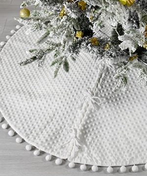 48 Inch White Pom Pom Christmas Tree Skirt With Drawstring Closure 0 300x360