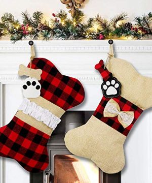 AerWo Pet Dog Christmas Stockings Set Of 2 Buffalo Plaid Christmas Stockings Large Bone Shape Hanging Pets Stockings For Dogs Christmas Decorations 0 300x360