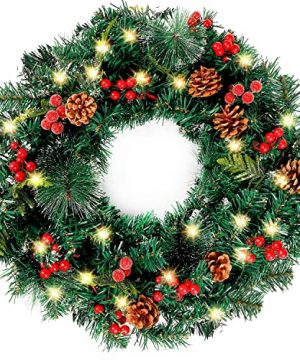 FUNARTY Christmas Wreath 50 LED Lights 22 Inches With Red Berries And Pinecones For Front Door Decoration Winter Xmas Indoor Outdoor Use 0 300x360