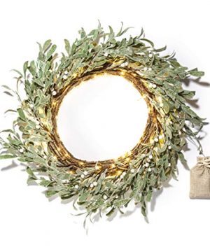 Farmhouse Door Wreath With Lights 20 Inch Battery Operated 75 LED Fairy Lights Frosted Mistletoe And Pearls Lighted Home Decor 0 300x360