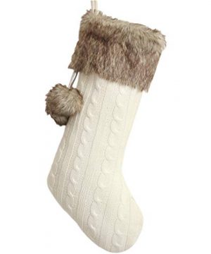 Gireshome Ivory Cable Knitted Body Faux Fur Cuff With Faux Fur Fluffy Pompom Ball Christmas Stocking Xmas Tree Decoration Festival Party Ornament 10x18 0 300x360