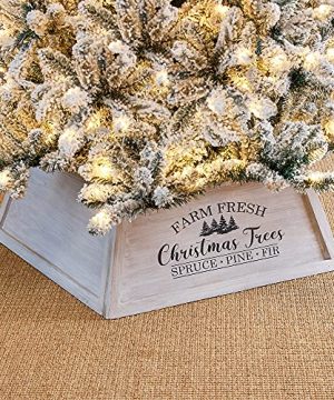 Glitzhome 26 L Washed White Wooden Tree Collar Rustic Trapezoid Tree Stand Cover Farm Fresh Christmas Tree Skirt Box 0 300x360