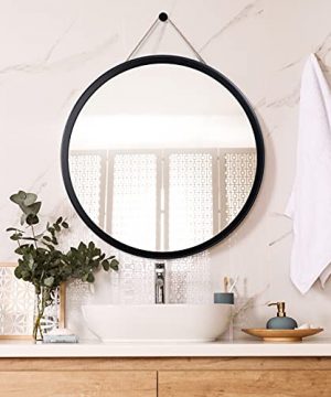 Honiway Bathroom Mirror For Wall With Wood Frame 20 Inch Black Round Mirror With Rope For Hanging Circle Wall Mirror For Living Room Entryway Vanity 0 300x360