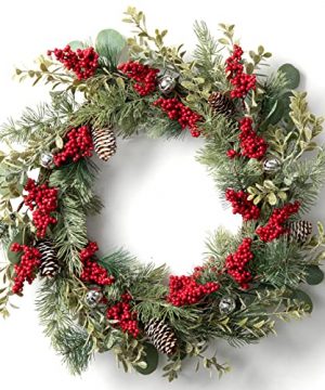 LOHASBEE Artificial Christmas Wreath 22 Pine Cone Grapevine Glitter Wreath With Bells Red Berries Eucalyptus Boxwood For Front Door Winter Greenery Home Hanging Wall Party Decor 0 300x360