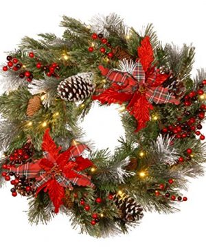 National Tree Company Pre Lit Artificial Christmas Wreath Green Tartan Plaid White Lights Decorated With Frosted Branches Pine Cones Berry Clusters Flowers Christmas Collection 24 Inches 0 300x360