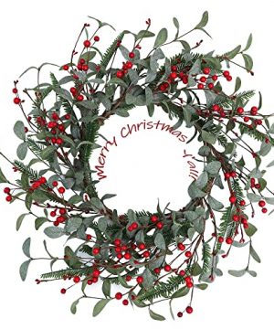 YNYLCHMX 20 Inch Small Christmas Wreath For Front Door Door Christmas Wreath With Eucalyptus Leaves Red Berries Home Decor For Outdoor Indoor Reef Windows Wall Holiday Decoration 0 300x360
