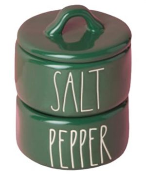 Rae Dunn By Magenta 2 Piece SALT PEPPER Stacking Green Ceramic LL Salt Pepper Cellars Set With White Letters 2019 Limited Edition 0 300x360