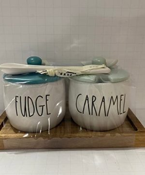 Rae Dunn FUDGE CARAMEL Jars With Wood Tray And Spoon Ceramic 0 300x360