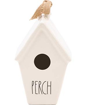 Rae Dunn By Magenta Perch Ceramic LL Decorative Slant Roof Birdhouse With Burlap Ribbon Bird Sketch Icon 0 300x360