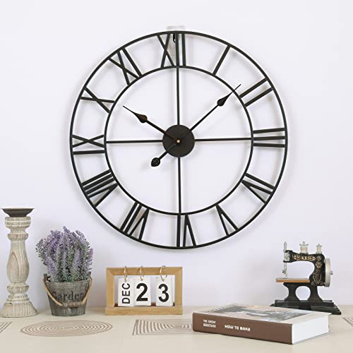 20” Mute Retro Wall Clock, Roman Numerals Art Creative Clock Vintage Silent Metal Clock Industrial Gear Clock, Indoor Black Non Ticking Large Round Decorative Clock for Living Room, Kitchen, Home - Image 3