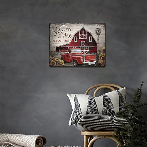 Farmhouse Wall Decor Rustic Old Truck Barn Canvas Wall Art Vintage Red Truck Windmill Pictures Canvas Print Country Painting Modern Home Framed Artwork For Bathroom Office Living Room Bedroom Ready To Hang 16"x12" - Image 3