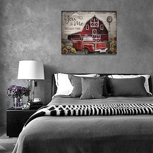 Farmhouse Wall Decor Rustic Old Truck Barn Canvas Wall Art Vintage Red Truck Windmill Pictures Canvas Print Country Painting Modern Home Framed Artwork For Bathroom Office Living Room Bedroom Ready To Hang 16"x12" - Image 4