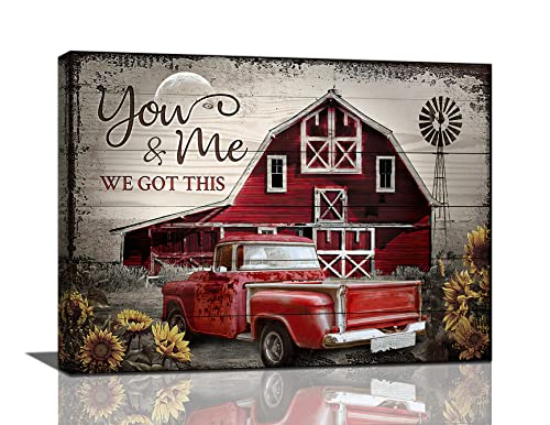 Farmhouse Wall Decor Rustic Old Truck Barn Canvas Wall Art Vintage Red Truck Windmill Pictures Canvas Print Country Painting Modern Home Framed Artwork For Bathroom Office Living Room Bedroom Ready To Hang 16"x12"