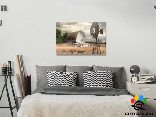 GUTTATY Farmhouse Wall Art - Old Barn and Windmill Canvas Art Print | Vintage Rustic Art Pictures for Living Room Wall Decoration | Country Wall Decor 24x36 Inches Framed Artwork - Image 4