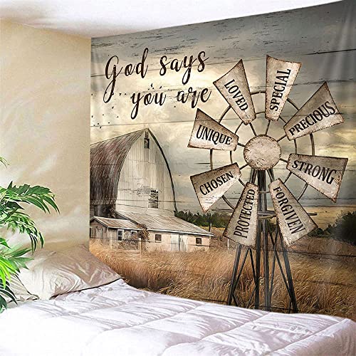 Jipusai Rustic Windmill Farmhouse Tapestry, Art Western Inspiration Wall Hanging Tapestries, Fabric Vintage Countryside Barn Door Tapisserie for Bedroom Living Room Wall Decor Poster Blanket 60X40 IN - Image 3