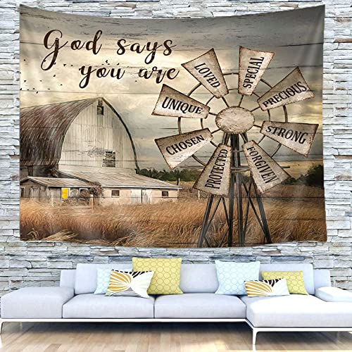Jipusai Rustic Windmill Farmhouse Tapestry, Art Western Inspiration Wall Hanging Tapestries, Fabric Vintage Countryside Barn Door Tapisserie for Bedroom Living Room Wall Decor Poster Blanket 60X40 IN