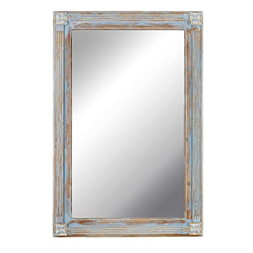 Ka Home Vintage Farmhouse Mirror | Blue Wall Mirror with Carved Wood Details | Large Wood Mirror Wall Decor for Farmhouse, Vintage, Coastal and Other Styles | Full Length Mirror, 32 x 48 inches