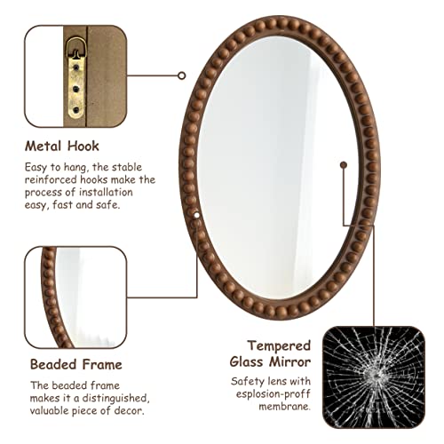 LONYKE Farmhouse Style Wall Mirror, Wood Frame Accent Mirror, Vintage Hanging Mirrors for Bedroom and Bathroom, Rich Brown Finish (Oval) - Image 3