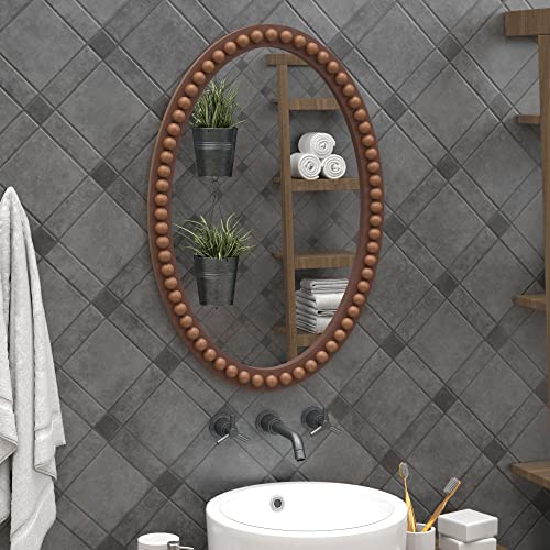LONYKE Farmhouse Style Wall Mirror, Wood Frame Accent Mirror, Vintage Hanging Mirrors for Bedroom and Bathroom, Rich Brown Finish (Oval)