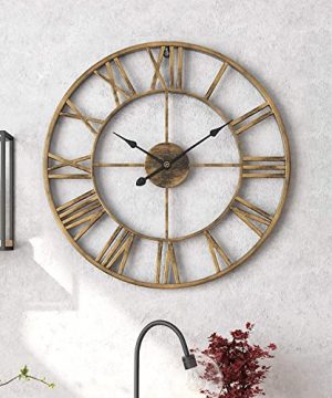 Large Modern Metal Wall Clocks Rustic Round Silent Non Ticking Battery Operated 40CM47CM60CM Antique Gold Farmhouse Roman Numerals Clock For Living RoomBedroomKitchen Wall Decor 0 300x360