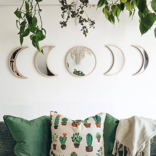 MAXROCK Moon Phase Mirror Set, 5 Piece Scandinavian Natural Decor Wall Decorative Mirror Home Decor Bohemian Moon Mirror for Living Room Bedroom, Acrylic Mirror