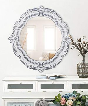 NIKKY HOME Vintage Rustic Wall Mirror 26 Inch Decorative Farmhouse Carved Hanging Metal Mirrors For Living Room Dresser Decor Barthroom Bedroom Oval Distressed White 0 300x360