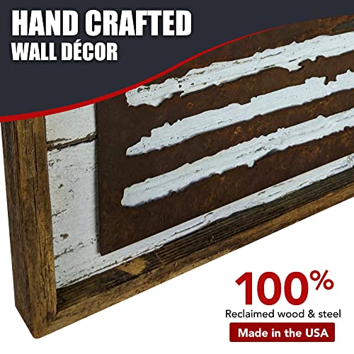 Rustic American Flag Wall Décor Sign – Vintage Reclaimed Wood & Metal Tin Framed United States USA Flag Patriotic Art for Office, Living Room, Man Cave – Hand Made in USA (White) - Image 3