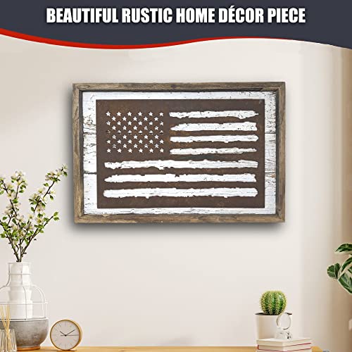 Rustic American Flag Wall Décor Sign – Vintage Reclaimed Wood & Metal Tin Framed United States USA Flag Patriotic Art for Office, Living Room, Man Cave – Hand Made in USA (White) - Image 4