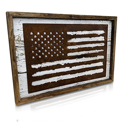 Rustic American Flag Wall Décor Sign – Vintage Reclaimed Wood & Metal Tin Framed United States USA Flag Patriotic Art for Office, Living Room, Man Cave – Hand Made in USA (White)