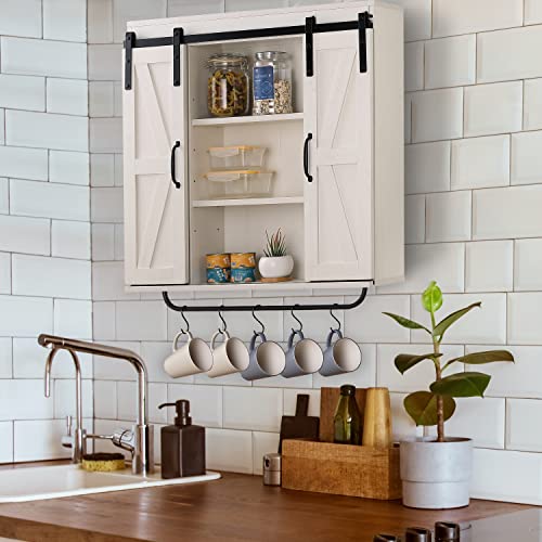 Rustown Rustic Wood Wall Storage Cabinet with Two Sliding Barn Door, 3-Tier Decorative Farmhouse Vintage Cabinet for Kitchen Dining, Bathroom, Living Room, Vintage White - Image 3