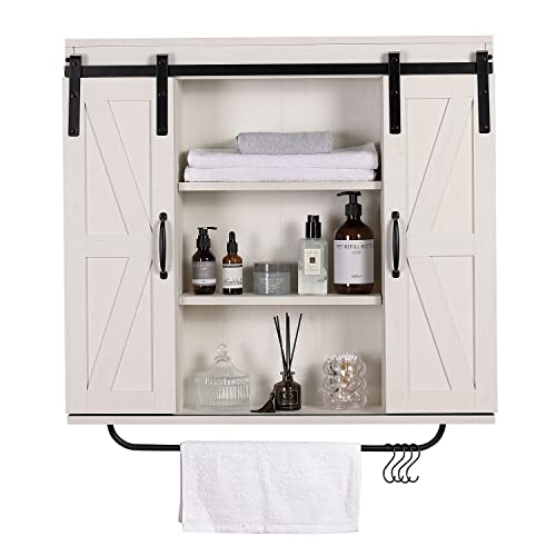 Rustown Rustic Wood Wall Storage Cabinet with Two Sliding Barn Door, 3-Tier Decorative Farmhouse Vintage Cabinet for Kitchen Dining, Bathroom, Living Room, Vintage White - Image 2