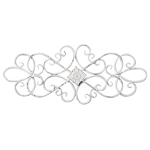 Sintosin White Flower Scroll Metal Wall Art Decor 32" x 13", Hanging Vintage Large Wrought Iron Floral Wall Sculptures, Farmhouse Wall Decorations for Living Room Bedroom Indoor Outdoor