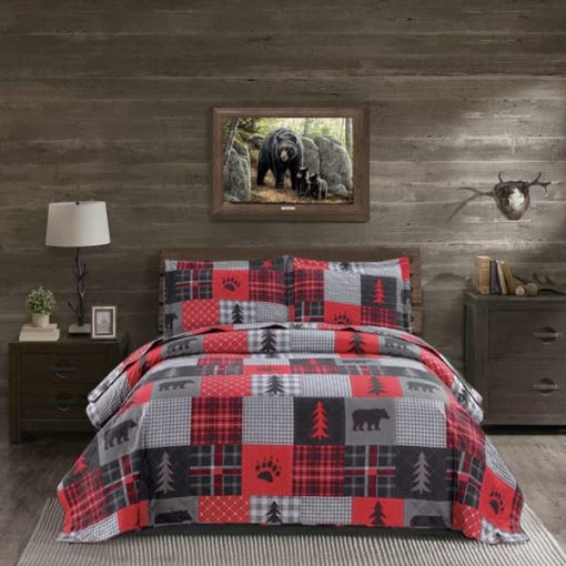 Twin Size Quilt Set Rustic Quilt Bedding Twin Quilt Bed Spread Coverlet Plaid Quilts Red Black Patchwork Bedding Country Lodge Cabin Bear Quilts Lightweight Reversible Home Quilt with 2 Pillow Shams