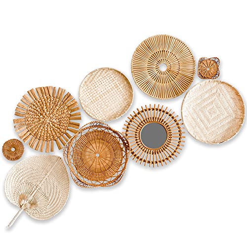 Wicker Wall Decor set of 9. Nursery Wall Decor. Wall Basket Decor. Boho Wall Baskets with Rattan Mirror. Each piece is handmade and varies in color, and variety. |Farmhouse Decor| Boho Decor - Image 3