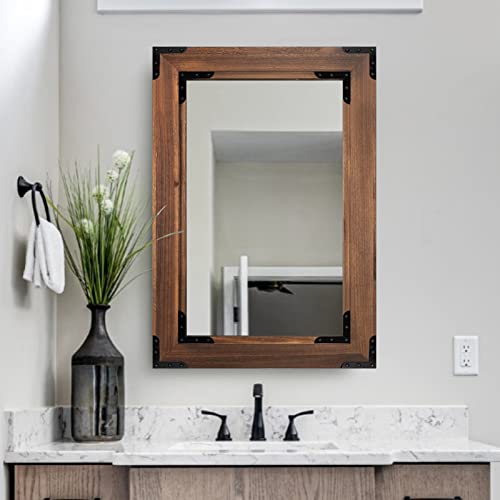 Wooden Farmhouse Mirror for Wall, 24" x 36" Rectangle Rustic Hanging Mirror with Metallic Rivet Vintage Wood Framed Decorative Wall Mirror for Living Room Bedroom Entryway Bathroom Vanity, Brown - Image 3