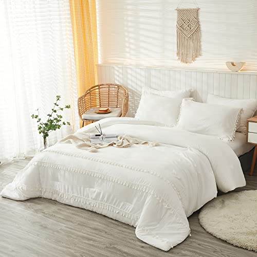 Bedbay White Boho Comforter Set Farmhouse Bedding Tufted Tassel Fringed French Country Cottagecore Comforter 2 Pcs 1 Comforter 1 Pillowcase(White, Twin) - Image 3