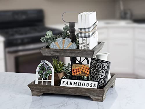 Heather & Willow Farmhouse Tiered Tray Decor Items Set of 5 | Tiered Serving Decorative Galvanized Tray | Rustic Vintage Tier Tray Decorations | Fall, Home & Living Room & Kitchen Décor - Image 4