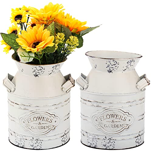 Suwimut 2 Pack Rustic Metal Flower Vase, 7.9 Inch Shabby Chic Vintage Farmhouse White Flower Jug Vase, Galvanized Milk Can Country Rustic Decorative Buckets with Handle for Home Decoration
