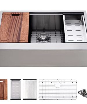 33 Inch Stainless Steel Workstation Farmhouse Sink VOKIM33 Inch Farmhouse Sink 16 Gauge Stainless Steel Ledge Workstation Flat Apron Front Single Bowl Farm Kitchen Sink 0 300x360