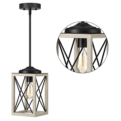 DEWENWILS Pendant Light, Adjustable Hanging Light Fixtures for Flat and Slop Ceiling, Vintage Farmhouse Pendant Light with Wooden Grain Finish for Bedroom, Kitchen, Living Room, E26 Base, ETL Listed