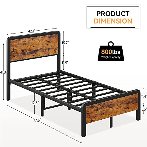 IDEALHOUSE Twin Bed Frame with Vintage Wood Headboard, Platform Bed Frame with Safe Rounded Corners & Strong Metal Slats Support, Mattress Foundation/Noise-Free/No Box Spring Needed - Image 3