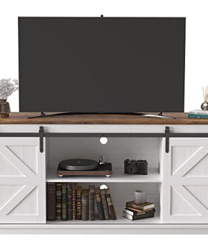 JUMMICO Farmhouse TV Stand Up To 65 Inches Mid Century Modern Entertainment Center With Sliding Barn Doors And Storage Cabinets Metal Media TV Console Table For Living Room Bedroom Bright White 0 300x360