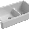 KOHLER K 6426 95 Whitehaven Farmhouse Smart Divide Self Trimming Undermount Apron Front Double Bowl Kitchen Sink With Short Apron 35 12 Inch X 21 916 Inch X 9 58 Inch Ice Grey 0 100x100