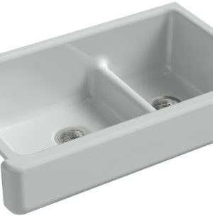 KOHLER K 6426 95 Whitehaven Farmhouse Smart Divide Self Trimming Undermount Apron Front Double Bowl Kitchen Sink With Short Apron 35 12 Inch X 21 916 Inch X 9 58 Inch Ice Grey 0 300x305