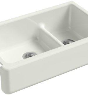KOHLER Whitehaven Farmhouse Smart Divide Self Trimming Undermount Apron Front Double Bowl Kitchen Sink With Tall Apron 35 12 Inch X 21 916 Inch Dune K 6427 NY 0 300x326